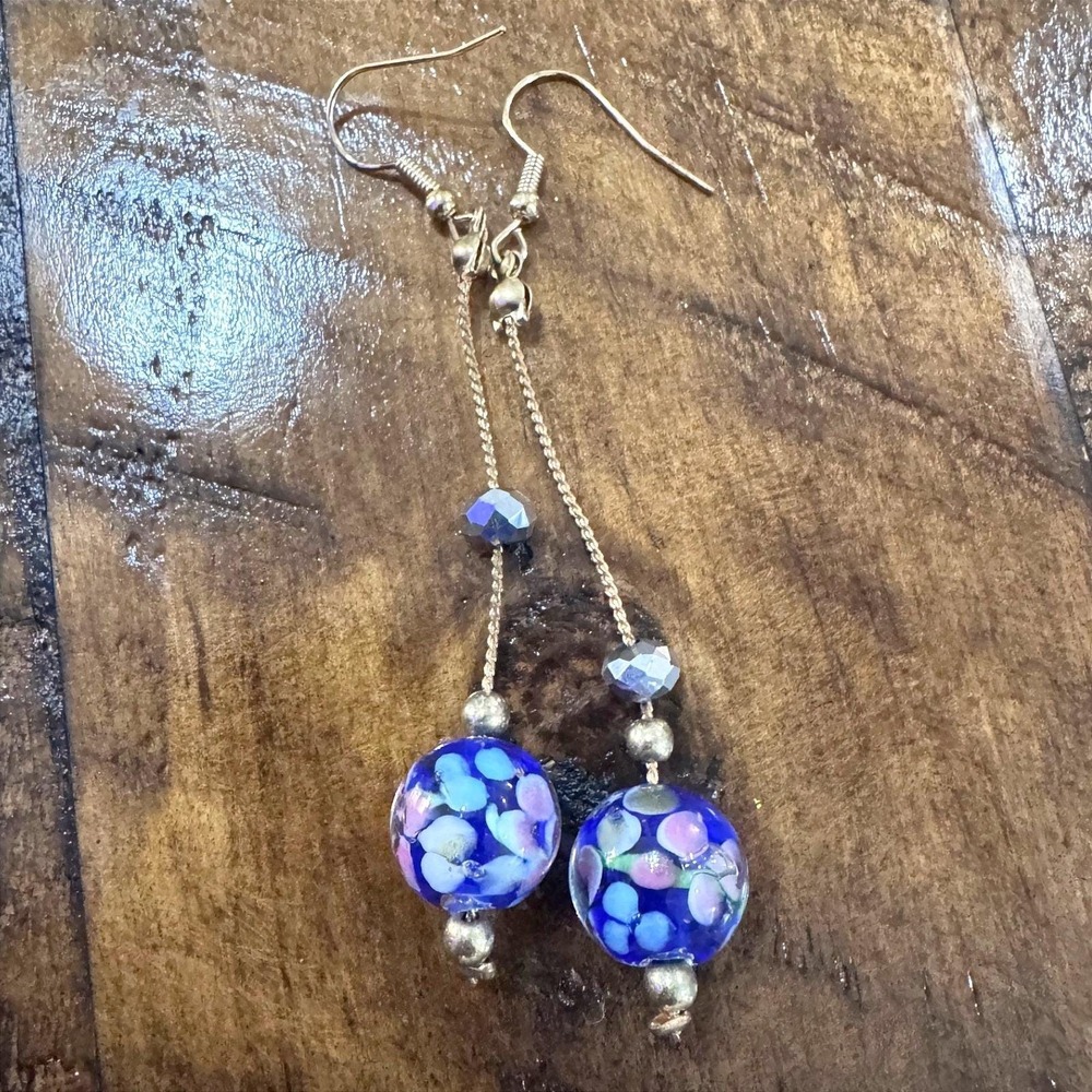 Artisan Handmade Italian Vibe Millefiori Glass Floral‎ Gold Tone Drop Style